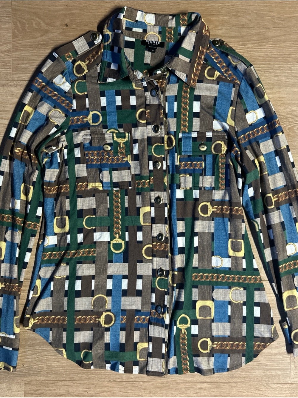 Worth Geometric‎ Chain-Print Button Shirt in Green, Blue & Brown